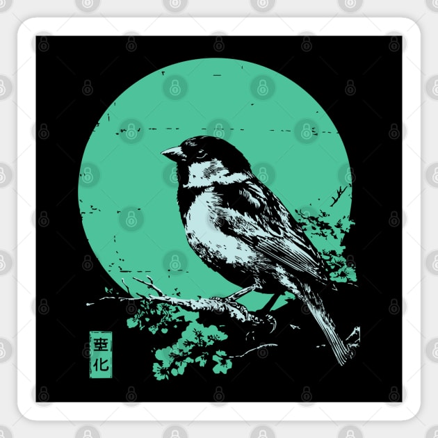 Charming Sparrow Bird Japanese Art | Green Tree Ukiyo-e Style Sticker by TuncGK